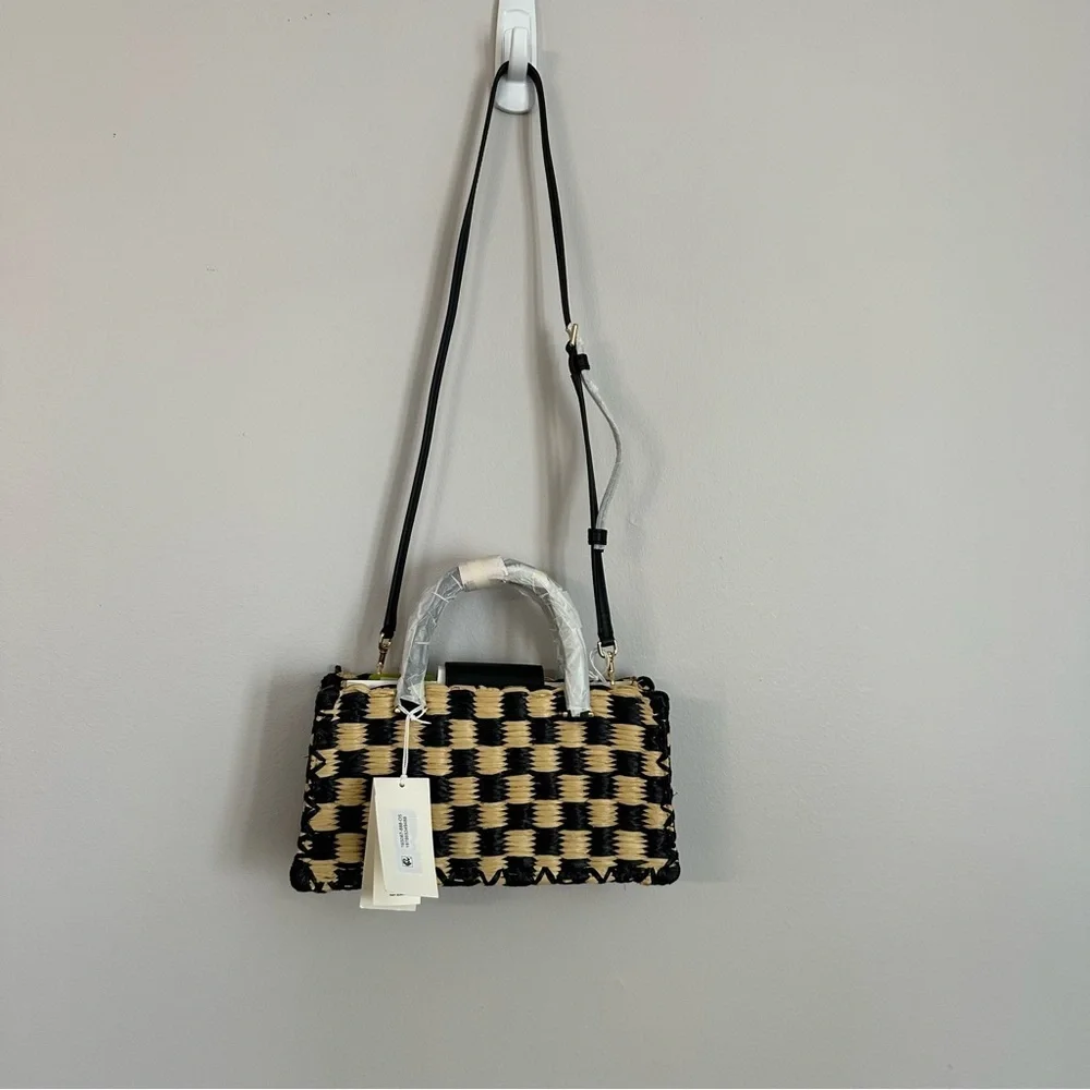 Tory Burch Ella Hand-Crocheted Checkered E/W Top Handle Black/Natural Purse NWT